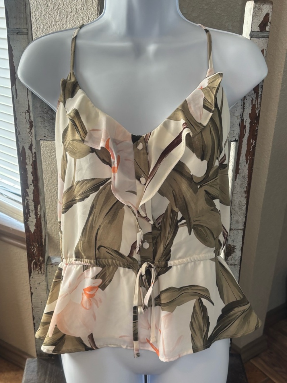 Express Tropical Ruffle Drawstring Cami Top - Olive, White, Peach